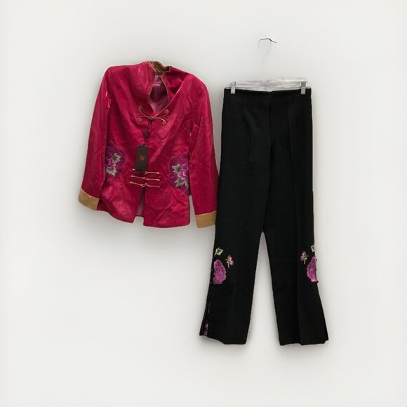 Traditional Asian Two Piece Trouser Set Mandarin Collar Embroidered Pant Sz L - Picture 2 of 6